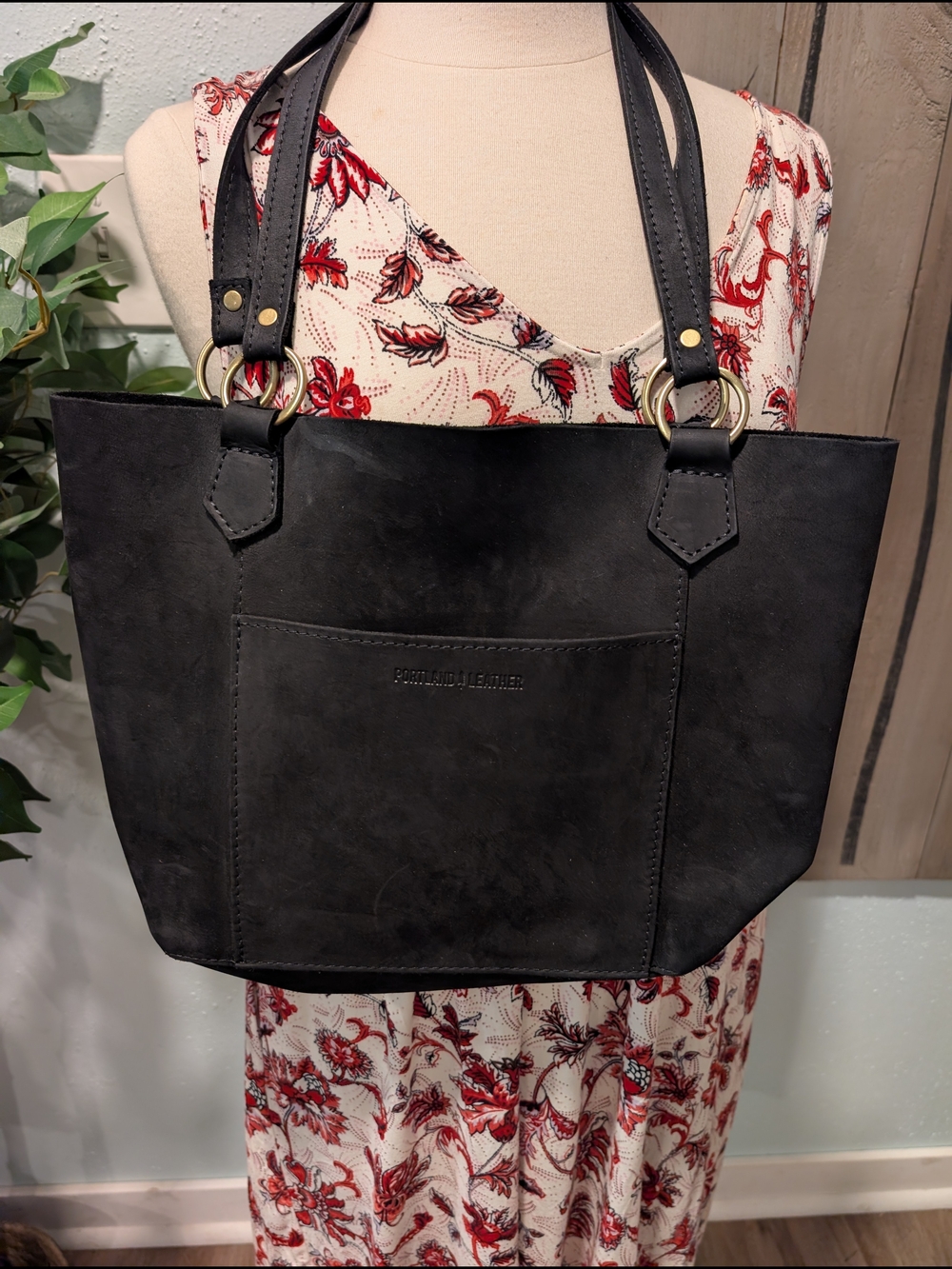 (Portland Leather)  Brushed Leather black Tote Bag with Exterior Pocket